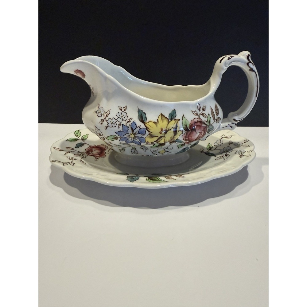 Vintage BOOTHS Flowerpiece Gravy Boat with Attached Underplate 8064 England